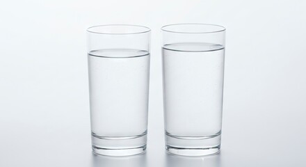 Two clear cylindrical glasses filled with transparent liquid possibly water on a lightcolored surface