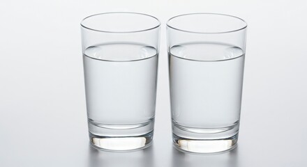 Two clear glasses each filled halfway with water stand sidebyside on a reflective white surface