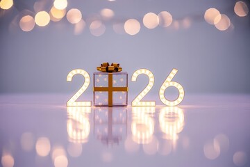 Gold 2026 with star-patterned gift box &ldquo;0&rdquo; and lilac bokeh on lavender-grey gradient for a dreamy luxurious New Year&rsquo;s card