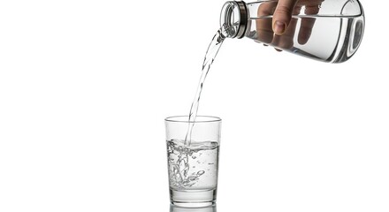 Water pours from a glass bottle into a clear drinking glass on a white background