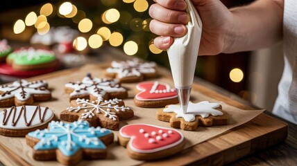 Christmas cookie decorating close-up with gingerbread snowflakes and heart shapes on warm wooden surface in cozy holiday lighting