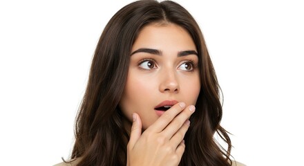 Fototapeta premium Woman gasping with a hand covering her mouth looking to the side