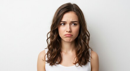 Woman with wavy brown hair wearing a white top looks to the side with a pouting uncertain expression against a white background