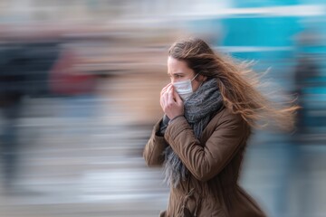 Woman Sneezing in Face Mask Walking on Urban Street