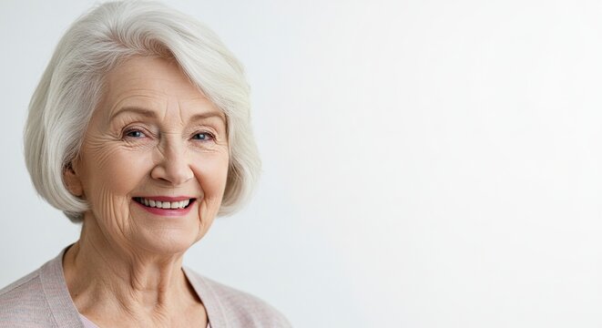 An older woman with short gray hair smiles against a white backdrop