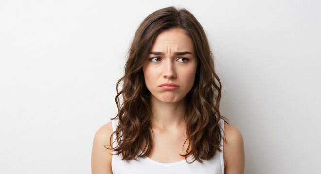 Woman with wavy brown hair wearing a white top looks to the side with a pouting uncertain expression against a white background