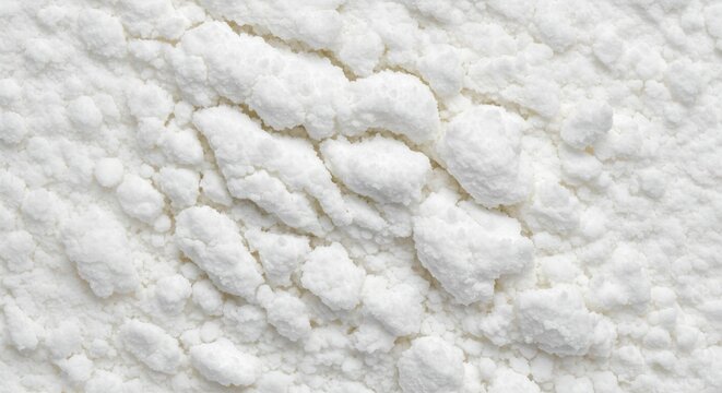 An overhead view of clumpy white powder possibly flour textured with small granules and varied surface shapes