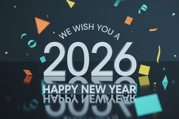 Minimalist 2026 celebration design featuring sharp reflections and clean typography over slate gray

