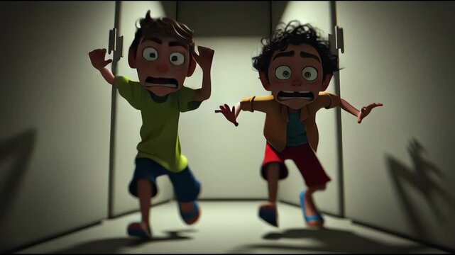 two cartoon characters with surprised expressions standing closely together.