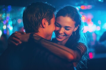 Young couple intimately embraces and dances in nightclub