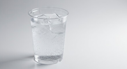 A clear plastic cup filled with water and ice cubes sits on a gray surface