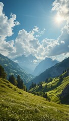 Obraz premium a lush green valley framed by towering mountains and a bright blue sky dotted with fluffy white clouds creates a breathtaking alpine landscape.