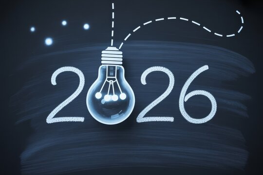 Futuristic chalkboard-style 2026 card with circuit-inspired zero and cosmic accents on dark slate

