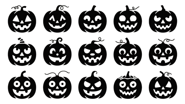 Spooky pumpkin faces silhouettes for Halloween night celebration