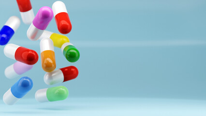 3d rendering of Falling capsule pills on color background, health care and medicine concept