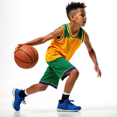 Naklejka premium Young boy in green and yellow basketball uniform playing with ball. Kid dribbles basketball on white background. Child in blue sneakers training alone.