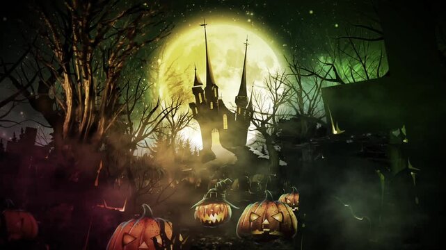 Sinister Halloween Background: Scary Mansion and Dead Trees