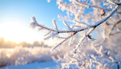 Obraz premium Frosty Branch in Golden Sunlight against a Soft Blue Sky Winter Landscape Featuring Ice Crystals Sunlight and a Serene Atmosphere