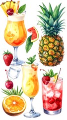Watercolor illustrations of tropical fruits and cocktails