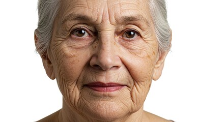 Closeup portrait of a senior woman with gray hair wrinkles and brown eyes set against a stark white background