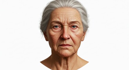 Elderly woman with gray hair detailed wrinkles staring directly at the viewer against a white background