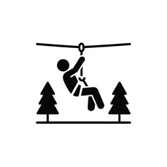 Simple black silhouette icon of a person zip lining between two trees