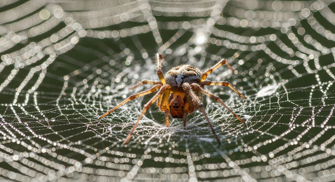 A macro photo of an orb-weaver spider on its intricate web, which is covered in sparkling morning dew drops.