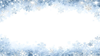 Sparkling Snowflake Frame with Soft Blue Tones and a Central White Space