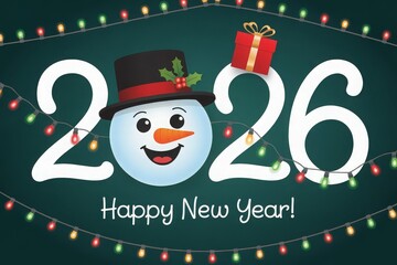 Festive 2026 New Year card with handwritten white text, snowman replace“0”, and glowing lights on evergreen.