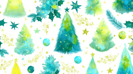 Watercolor Christmas Trees and Decorations Pattern on White Background, Festive Holiday Design