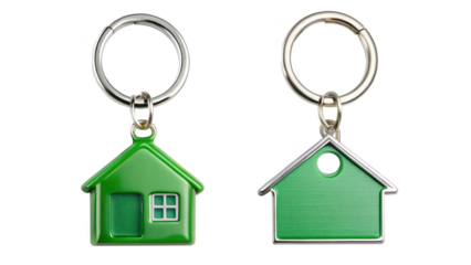 Two house shaped keychains isolated on transparent background for real estate