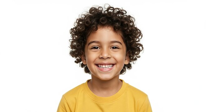 A smiling child with curly hair and a yellow shirt is centered against a bright white background