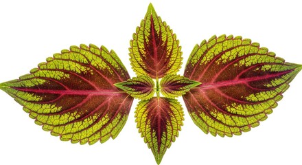 Four textured leaves form a symmetrical cross with green and brown hues on a white background
