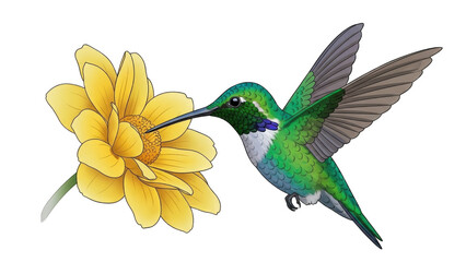 Obraz premium Vibrant hummingbird hovering near a bright yellow flower (1)