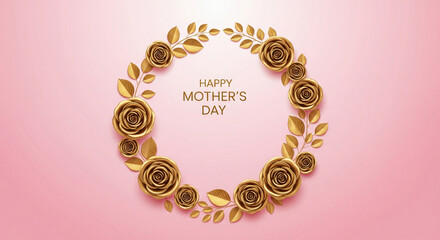 Golden Rose Wreath Happy Mother's Day Elegant Floral Design Pink Background Luxury Celebration Greeting Card