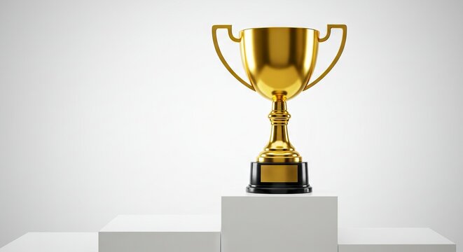 Golden trophy atop a white tiered podium against a neutral gradient background