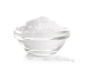 Glass bowl with sea salt on white background