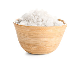 Wooden bowl with sea salt isolated on white background