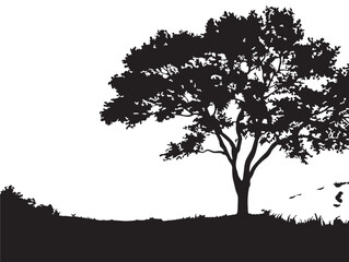 Fototapeta premium Serene Valley Landscape With Lone Tree Silhouette Vector Line Drawing