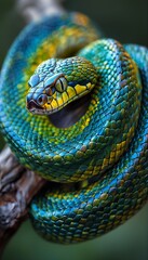 Fototapeta premium a vibrant green tree python coils around a branch, its intricate scales and piercing gaze captivating the viewer.