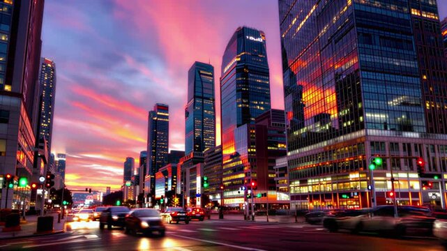 Time-lapse photography of traffic flow in the city at dusk