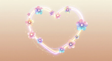 Naklejka premium Glowing Heart Frame with Pastel Flowers Sparkles Romantic Bokeh Background for Valentines Day Wedding Love Celebration