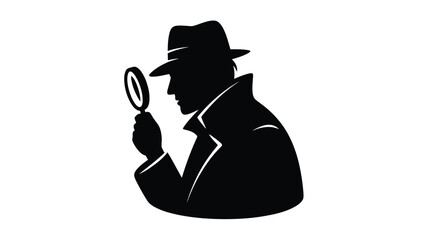Silhouette of a detective in a hat and trench coat examining with a magnifying glass