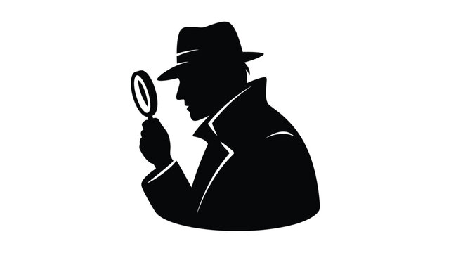 Silhouette of a detective in a hat and trench coat examining with a magnifying glass