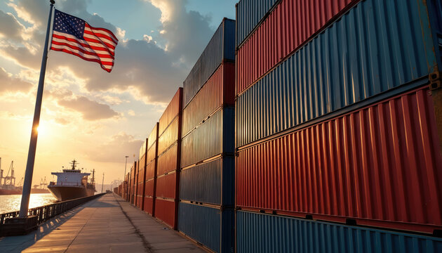 American flag waves near a port with shipping containers. A cargo ship sails at sunset. International trade and global economy concepts are presented. - Powered by Adobe