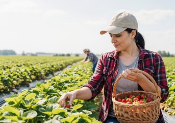 Woman picking fresh strawberries on a farm. Farmer harvesting ripe fruit in a field. Agriculture and healthy food concept