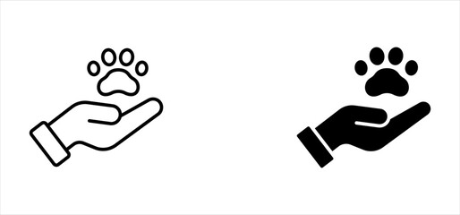 Animal welfare linear icon set. Thin line illustration. Hands holding paw. Pets care. Contour symbol. Vector isolated outline drawing. Editable stroke