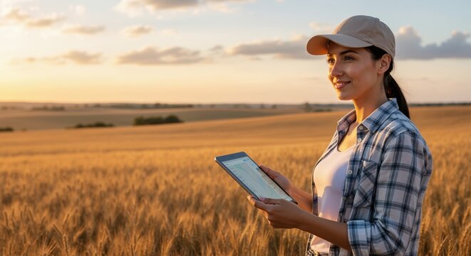 Female farmer using a digital tablet in a golden wheat field at sunset. Modern smart farming and precision agriculture concept. Agronomist analyzing crop data - Powered by Adobe