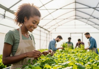 Smiling female farmer inspecting fresh green plants in a greenhouse. Diverse team working in a modern agricultural facility. Sustainable farming concept