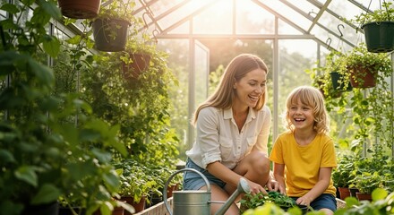 Happy mother and son gardening together in a sunny greenhouse. Family planting seedlings and caring for plants. Quality time and learning about nature concept